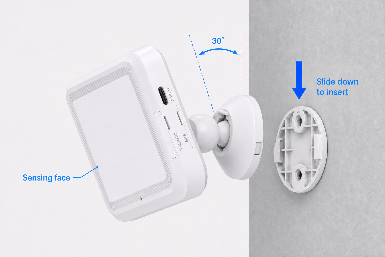 Insert bracket into plate — mount orientation, 30° tilt